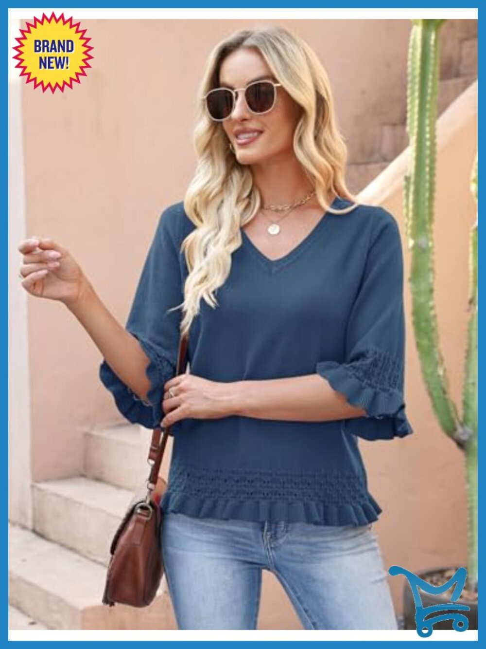 Women's 3/4 Sleeve V-Neck Peplum Crop Knit Pullover Sweater - Picture 2 of 6